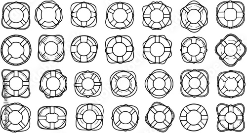 Marine and Water Safety Lifebuoy Icons Set in Black and White Outline Line Art Style