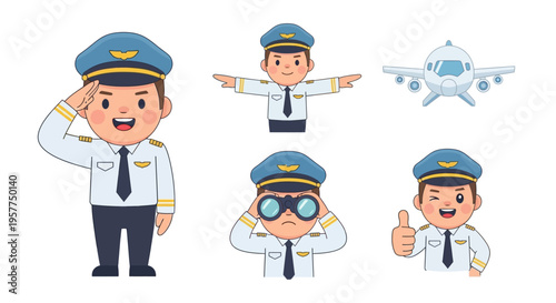 Pilot Character Set Aviation Cartoon Vector Illustrations Isolated on White Background