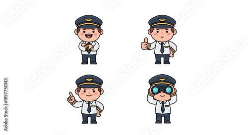 Pilot Character Set Aviation Cartoon Vector Illustrations Isolated on White Background
