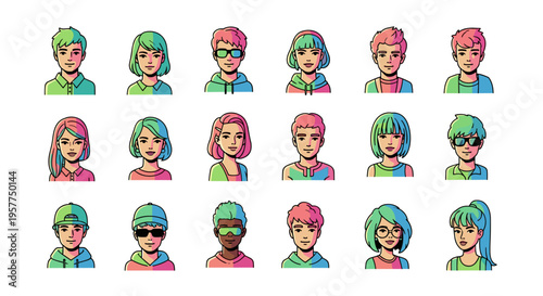 Diverse group of vibrant cartoon character portraits with colorful hairstyles