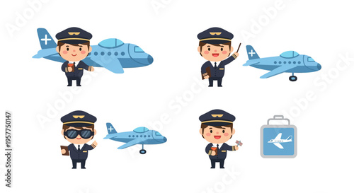 Pilot Character Set Aviation Cartoon Vector Illustrations Isolated on White Background