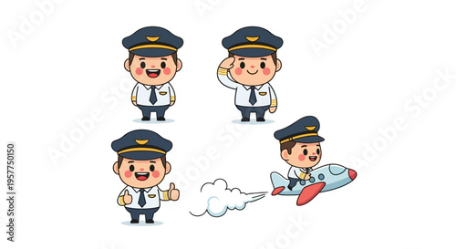 Pilot Character Set Aviation Cartoon Vector Illustrations Isolated on White Background