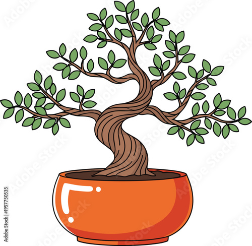 Stylized illustration of bonsai tree with twisted trunk, small green leaves, glossy round orange pot, representing miniature horticultural art, pruning, and decorative plant design