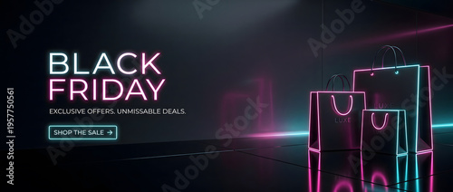Dark Mode Neon Shopping Bags Black Friday Ultrawide Banner