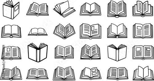 Black and White Line Art Icons of Various Open and Closed Books, Education and Literature Symbols