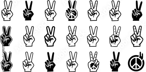 Peace Sign Hand Gesture and Symbol Vector Glyph Icons Set. Black and White Line Art Illustrations for Social Issues, Culture, and Communication.