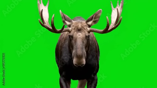 Powerful Northern Moose Featuring Prominent Antlers Against a Bright Green Screen, Perfect for Seamless Background Removal and High-Quality Visual Effects