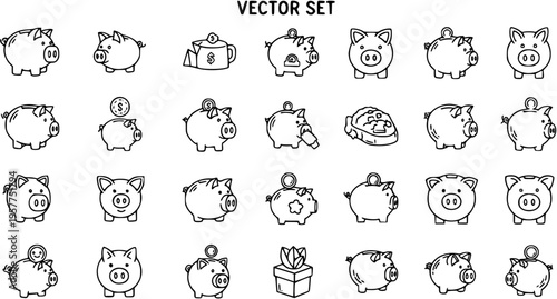 Financial Savings Piggy Bank Line Art Outline Vector Icon Set for Money Management, Economy, and Investment