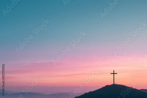 Light pastel sky at dawn with subtle cross silhouette on a distant hill, soft gradient colors, calm and uplifting christian easter background for banners and social media, natural lighting, wide