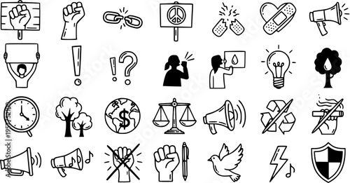 Black and White Line Art Icons Representing Social Justice, Peace, and Protest