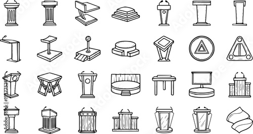 Public Speaking Podium  Lectern Line Art Icons Set. Presentation, Stage, Pedestal, and Display Stand Outline Collection for Event Management  Awards.