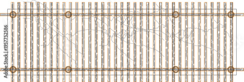 Technical architectural elevation drawing showing natural bamboo or wooden fence with vertical posts, horizontal rails and circular joint fastener details.