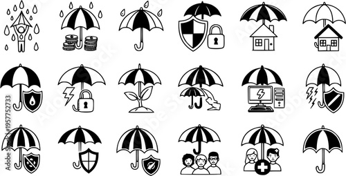 Umbrella Protection Black and White Line Art Icons Set for Insurance, Financial Security, Home, Health, and Digital Cybersecurity