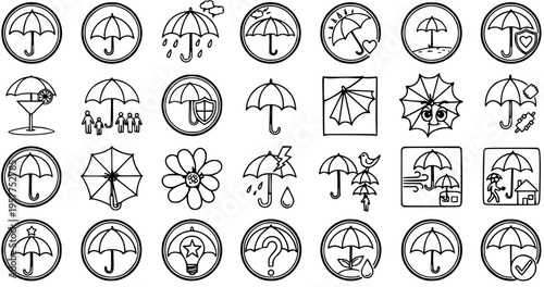 Black and White Line Art Icons of Umbrellas for Weather Protection and Insurance