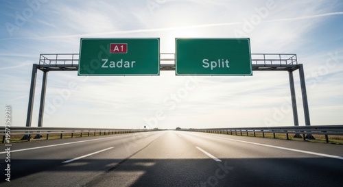 Highway Road Sign To Zadar And Split With Clear Sky