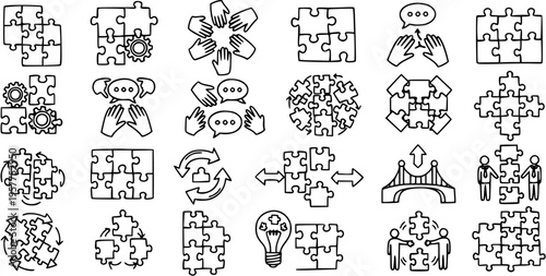 Teamwork and Business Collaboration Puzzle Pieces Line Art Icons Set. Hand-drawn Doodle Symbols for Problem Solving, Strategy, Communication, and Connection Concepts.
