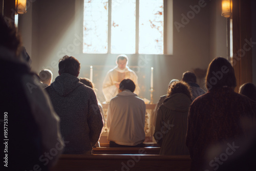 Medium shot of congregation kneeling at altar during communion service, priest giving wafers, soft warm light through windows, serene sacred atmosphere, shallow depth of field.
