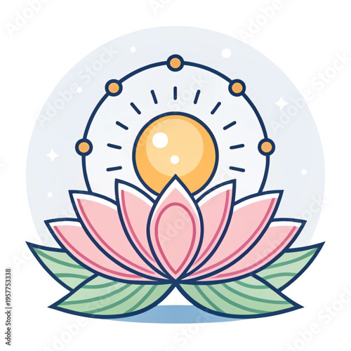 Stylized pink lotus flower blooming with a golden sun and celestial symbols in a circular frame