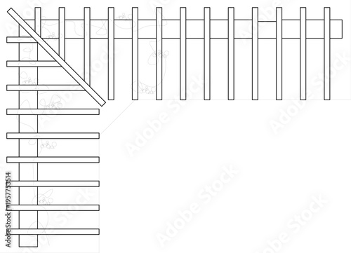 Technical architectural plan view drawing showing a corner fence structure with vertical pickets, horizontal slats and diagonal bracing details.
