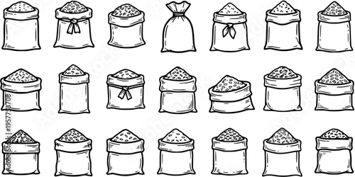 Black and White Line Art Collection of Sacks Filled with Grains, Flour, or Seeds