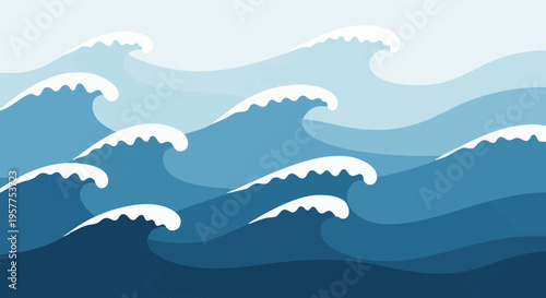 Flat design vector illustration of rolling ocean waves with a hidden world map