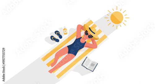 Top view of a woman in a hat sunbathing on a striped towel with a book and sunscreen.
