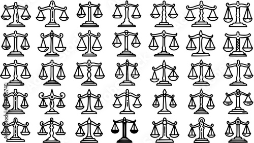 Black and White Line Art of Balance Scales Symbolizing Justice, Law, and Equality