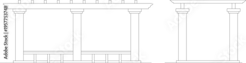 Technical architectural elevation drawings showing pergola or covered structure with vertical columns, horizontal beams with decorative slats and benches underneath.