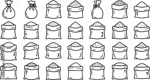 Black and White Line Art of Various Sacks of Grain, Flour, or Sugar for Food Industry