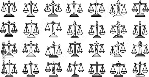 Black and white line art illustration of justice scales, symbol of law and balance