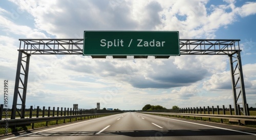 Highway Sign For Split And Zadar Destinations Under Cloudy Sky