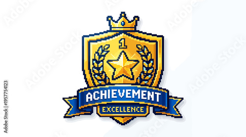 Golden pixel art award badge representing top achievement and excellence with a crowned shield design, perfect for game UI or recognition graphics