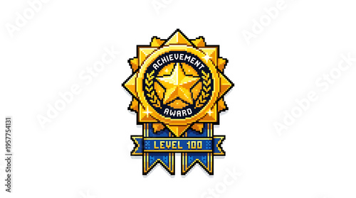 Retro pixel art golden achievement award badge illustration, celebrating a significant gaming milestone or ultimate level completion on a white background