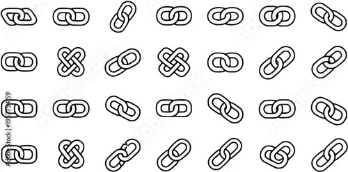 Link Icons Set: Black and White Outline Vector Illustrations for Technology, Communication, and Web Concepts of Connection and Hyperlinks