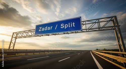 Highway Sign For Zadar And Split Under Dramatic Sky