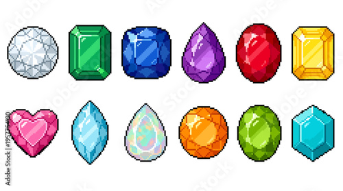 A vibrant collection of pixel art gemstones, showcasing diverse cuts and brilliant colors for game assets, digital art, and fantasy-themed designs