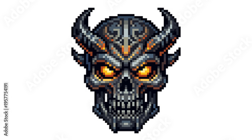 Intricate pixel art illustration of a demonic skull with glowing orange eyes and horns, suitable for gaming or fantasy themes