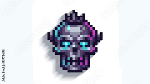 Pixelated Skull Icon with Neon Blue and Pink Eyes on a White Background
