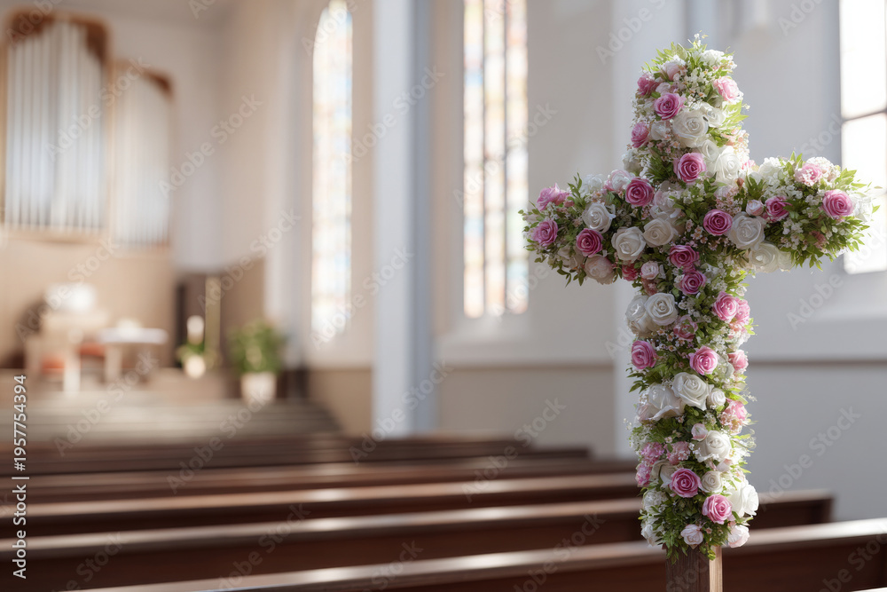 Fototapeta premium Elegant flower-covered cross placed at the front of a bright modern church interior, soft daylight streaming through tall windows, neutral tones, clean and serene atmosphere, professional balanced