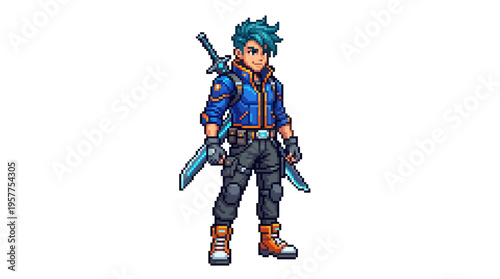 Vibrant pixel art depiction of a futuristic warrior hero with striking blue hair and dual blades, ready for adventure and action in a digital realm