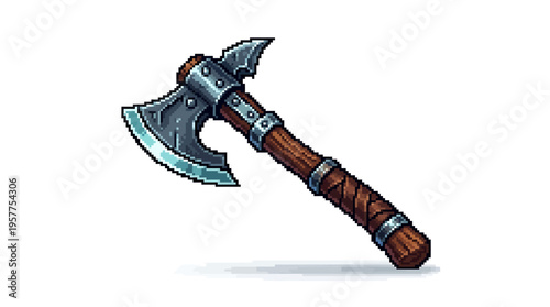 Pixel art Viking battle axe icon, fantasy weapon for game development or digital art projects