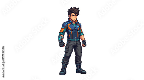 Pixel Art Character A Young Man with Futuristic Attire and Modern Gadgets