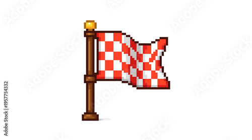Pixelated checkered flag waving on a pole, representing a finish line or start of a race, depicted in a retro video game art style