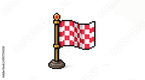 Retro pixel art checkered flag on a golden pole, symbolizing victory, finish line, or competition. Perfect for vintage game graphics, digital design, and achievement themes