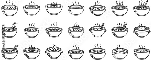 Black and White Line Art Icons of Various Soups in Bowls, Food and Drink Concept