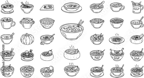 Food Culinary Hand-drawn Black and White Line Art Icons Set of Various Soups, Stews, and Warm Dishes in Bowls, Mugs, and Pots. Doodle Collection.