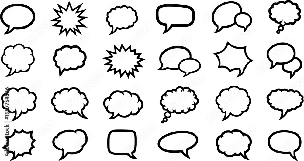 Fototapeta premium Diverse Communication Speech Bubbles Black and White Line Art Vector Set for Chat, Dialogue, and Message Design.