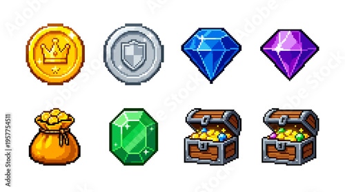 Pixelated Game Assets Coins, Gems, and Treasure Chests for Digital Worlds