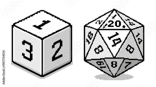 Close-up of two polyhedral dice, a cube and an icosahedron, used in tabletop role-playing games