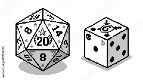 Dynamic monochrome illustration of a twenty-sided die and a six-sided die, essential for tabletop role-playing games, strategy, and determining outcomes with an element of chance